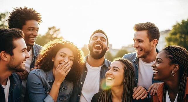 A group of friends laughing together in golden afternoon light